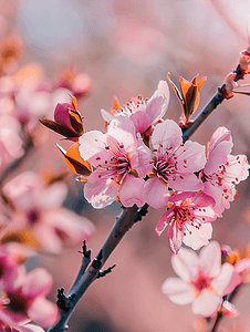 春天杏仁树丛的树枝上盛开着淡粉色的小花