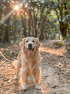 散步摄影照片_漂亮的金毛猎犬在公园户外散步