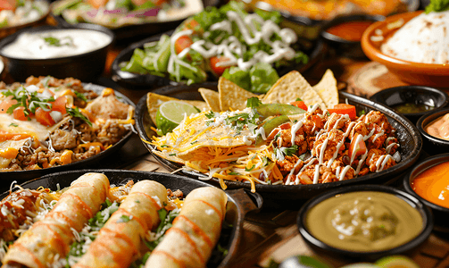 餐桌上各种墨西哥菜肴