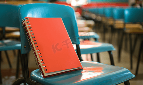 商务教室椅子架上放着红色封面的记事本