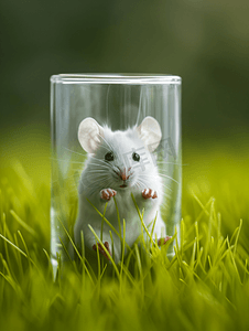 绿草背景透明玻璃中的白鼠