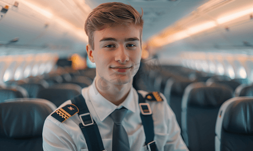 身穿制服的年轻乘务员在客机上工作