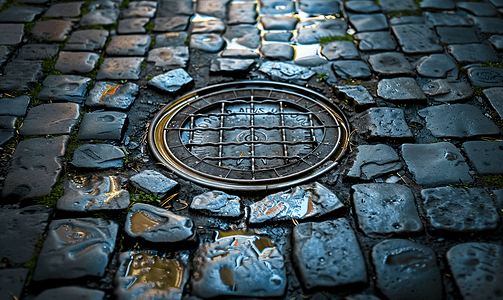 砖砌人行道上的旧雨水排水管