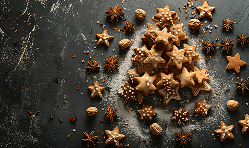 自制饼干肉桂核桃茴香星作为圣诞树布置在黑色
