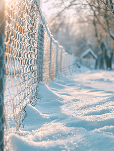 天气下雪摄影照片_篱笆冬季用网篱笆下雪的冬天很多雪