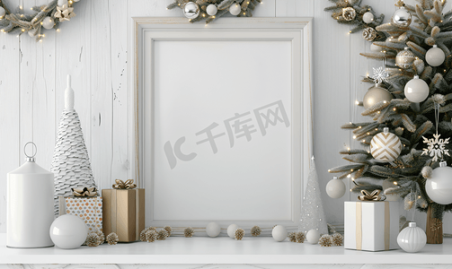 带有圣诞装饰的白色空白木框模型
