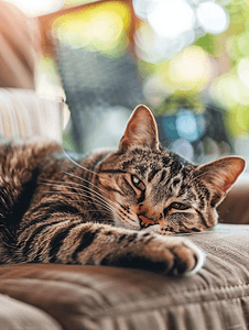 悲伤的虎斑猫躺在户外柔软的沙发上用爪子休息