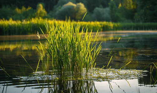 湖中的小芦苇丛夕阳下湖中的树木倒影