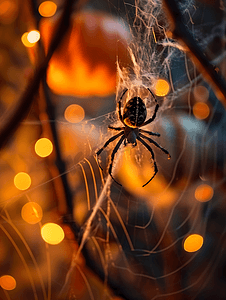 恐怖蜘蛛网摄影照片_网上一只蜘蛛的特写覆盖着南瓜万圣节横幅幽灵般的恐怖背景