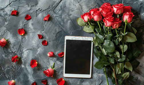 混凝土背景上的玫瑰花束和平板电脑
