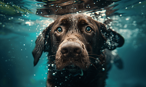 春节表情包摄影照片_深棕色的狗在水下游泳脸上带着惊讶的表情