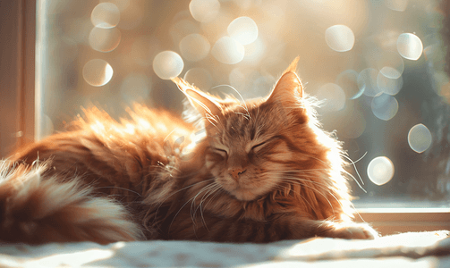 毛茸茸的红猫在明亮的阳光下休息