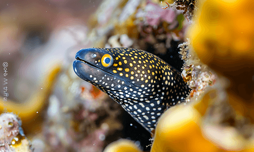 斑点海鳗从礁石上的洞里出来