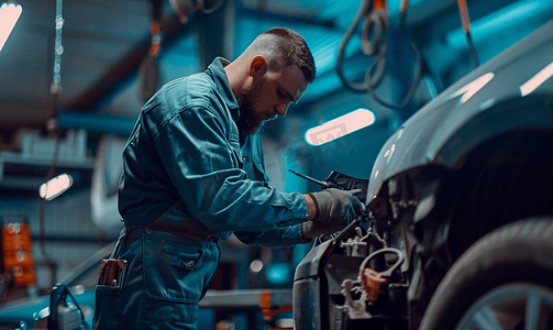 侧视图男机械师使用不同的工具修理车库里损坏的汽车