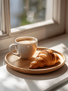 阳光女孩手绘摄影照片_早晨阳光下的木盘羊角面包和一杯咖啡