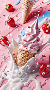 清凉夏日粉红冷饮3D草莓冰淇淋背景图