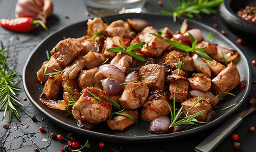 红酒焗鸡配青葱猪肉片法式美食