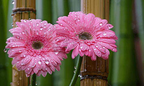 粉色绽放摄影照片_粉色非洲雏菊与竹子背景上的水滴