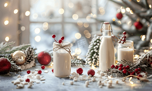 厨房里的桌子上放着奶杯和圣诞装饰品