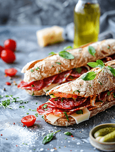 意大利葡萄酒摄影照片_意大利开胃三明治配萨拉米香肠和波伏洛干酪