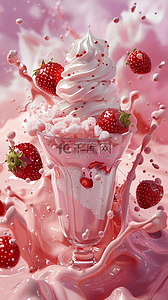 3D草莓冰淇淋清凉夏日粉红冷饮背景图
