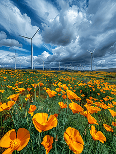 可替代能源摄影照片_风力涡轮机与壮丽的天空和加州罂粟花形成鲜明对比