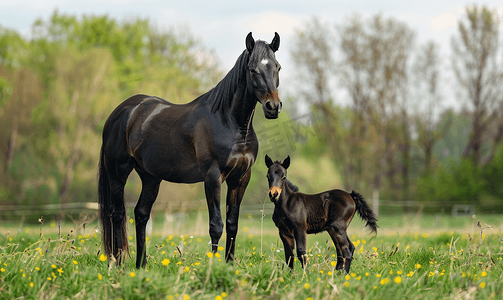 牧场上的黑母马和小马驹