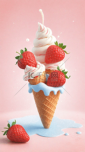 草莓味爆米花背景图片_清凉冷饮3D草莓奶油冰淇淋杯设计
