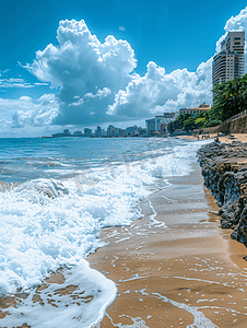 波多黎各老圣胡安附近的海滩海浪穿过岩石