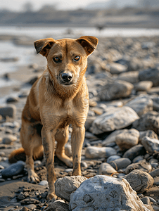 狗在海滩上拉屎海岸岩石海岸上的动物