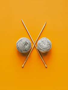 淡橙色背景上灰色针织羊毛和针织针的顶视图