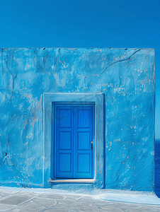 灰墙壁摄影照片_希腊圣托里尼岛家庭墙壁和门的摘要