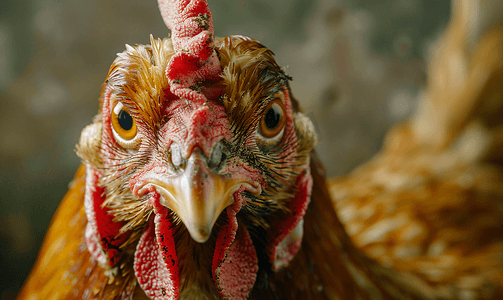 可爱老母鸡摄影照片_头颈上有秃斑且翅膀被切断的老姜母鸡家鸡疾病