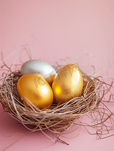 金银复活节彩蛋悬浮在粉红色背景复活节概念的巢穴上