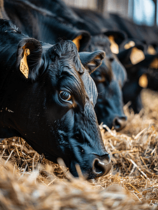 巴基斯坦摄影照片_农场里的黑色奶牛正在吃干草或放牧