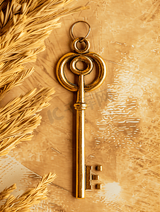 稻草背景上复古风格的金色钥匙