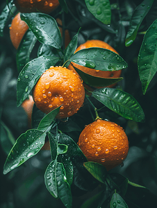 水果橘子摄影照片_越南顺化花园树上滴着水的成熟新鲜的橘子