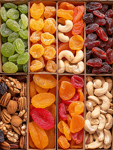 食品顶视图摄影照片_盒顶视图中的各种干果坚果和蜜饯