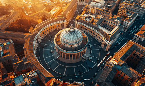 意大利罗马黎明时分古老万神殿教堂的鸟瞰图