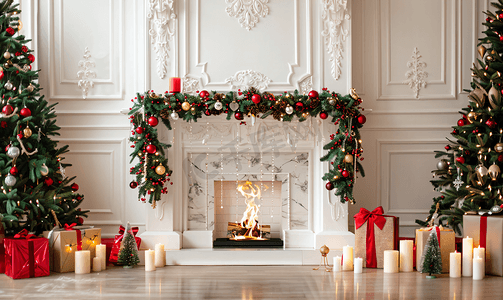 灯光房内有白色壁炉装饰有圣诞装饰