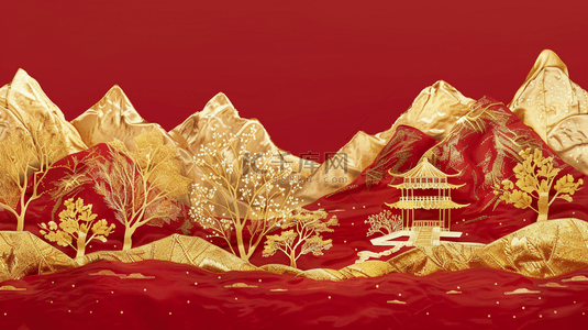 艺术壁画背景图片_红色场景金色壁画山景树木的背景图