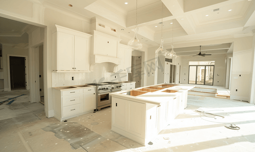 房屋开发建造摄影照片_美丽的新家厨房从框架到完成的转变