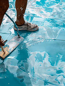 抹墙工具摄影照片_工人在鞋上穿海绵用镘刀抹平湿池灰泥