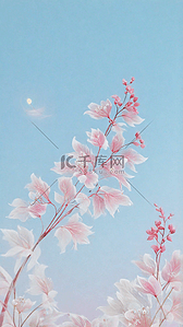 秋天的背景背景图片_蓝色背景里的清新粉色花叶花枝