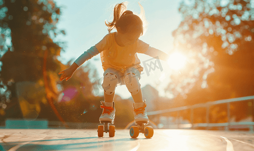 粒子视图孩子骑着溜冰鞋令人难以置信的阳光