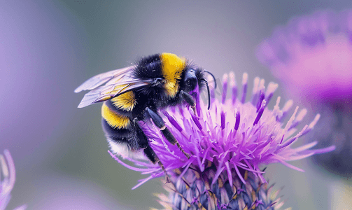 大黄蜂在大自然中为紫色野花授粉