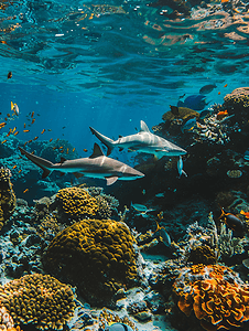 黑鳍礁鲨在珊瑚礁的热带水域中游泳
