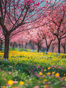 盛开的樱花李子和苹果树