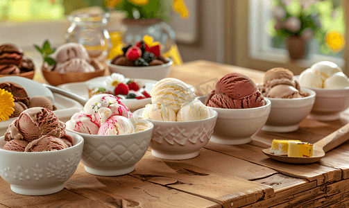 木桌上的碗里盛有各种意大利冰淇淋