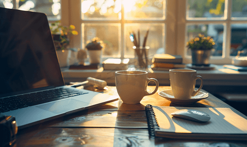 记事本笔记本电脑笔鼠标和咖啡杯在木桌上呈现晨光复古效果